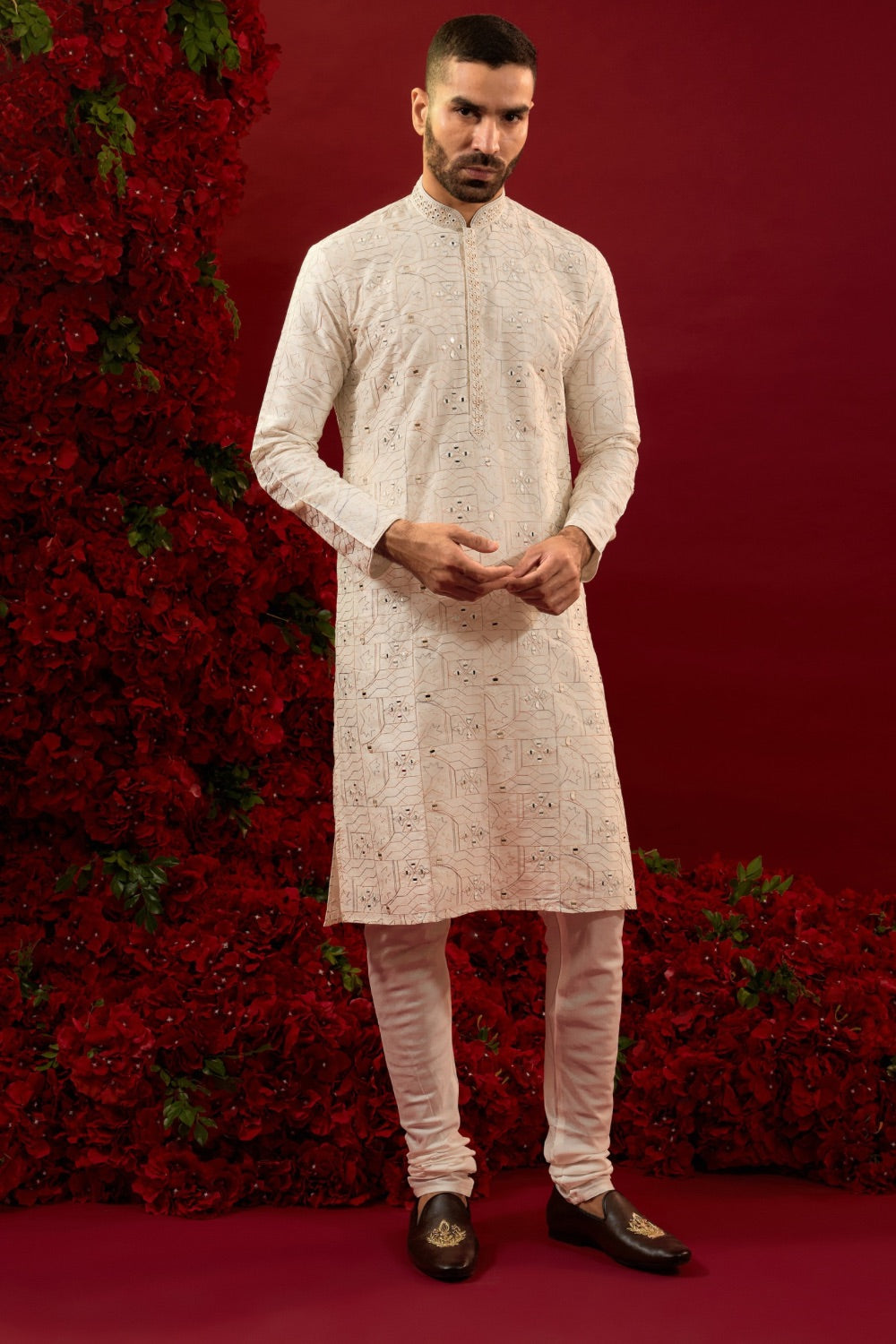 Cream silk kurta and pajama with hand and machine work