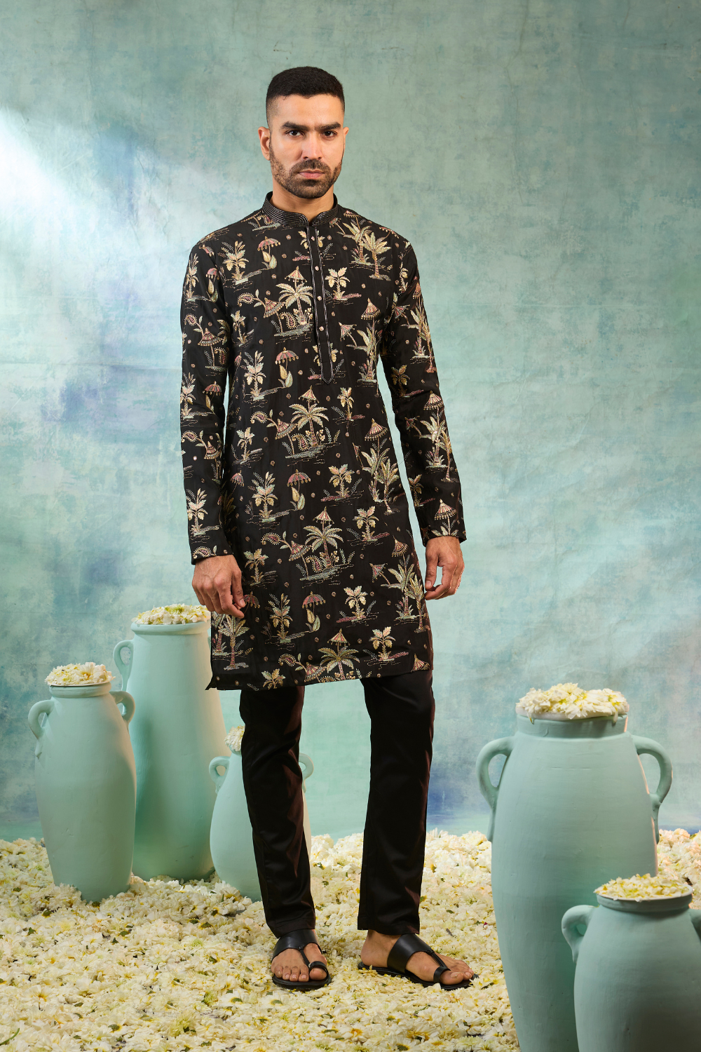 Black kurta set with golden contrast thread work