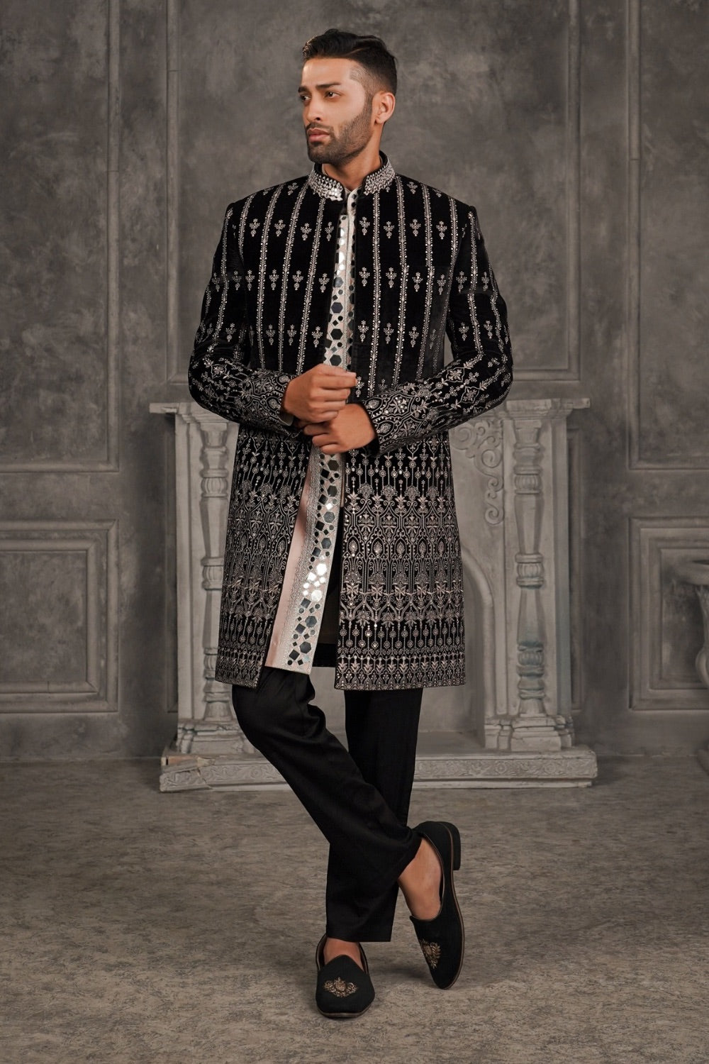 Black splendid silk embroidered Indo Western