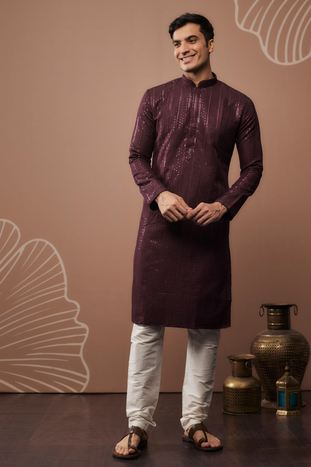 Purple silk kurta set with sequin work