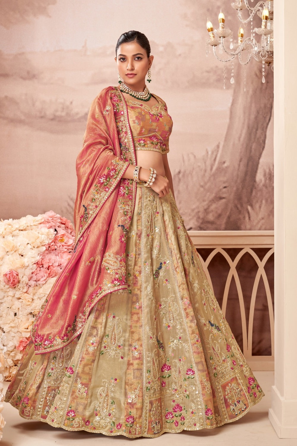 Peach & Beige banarasi silk lehenga set