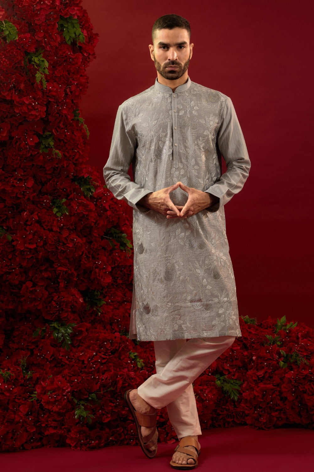 Grey silk kurta & pajama with machine work