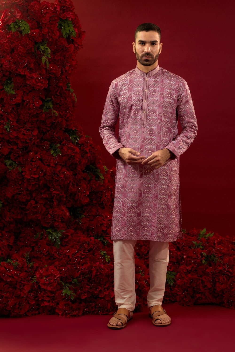 Light purple silk  kurta & pajama with  machine work