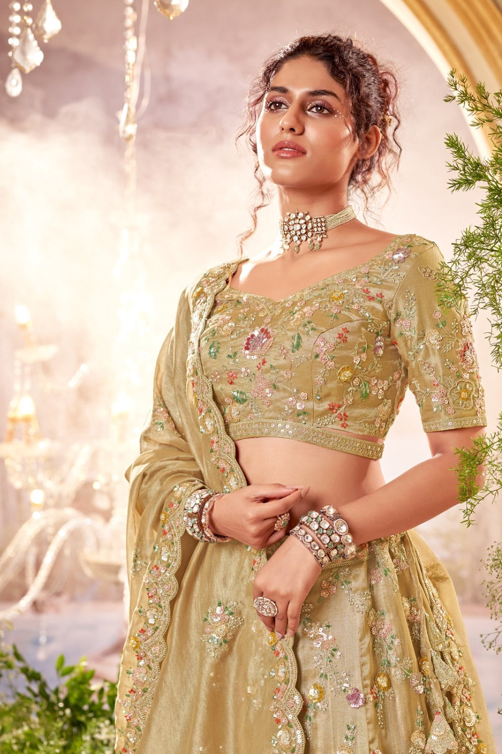 Golden brown soft tissue lehenga set with machine work