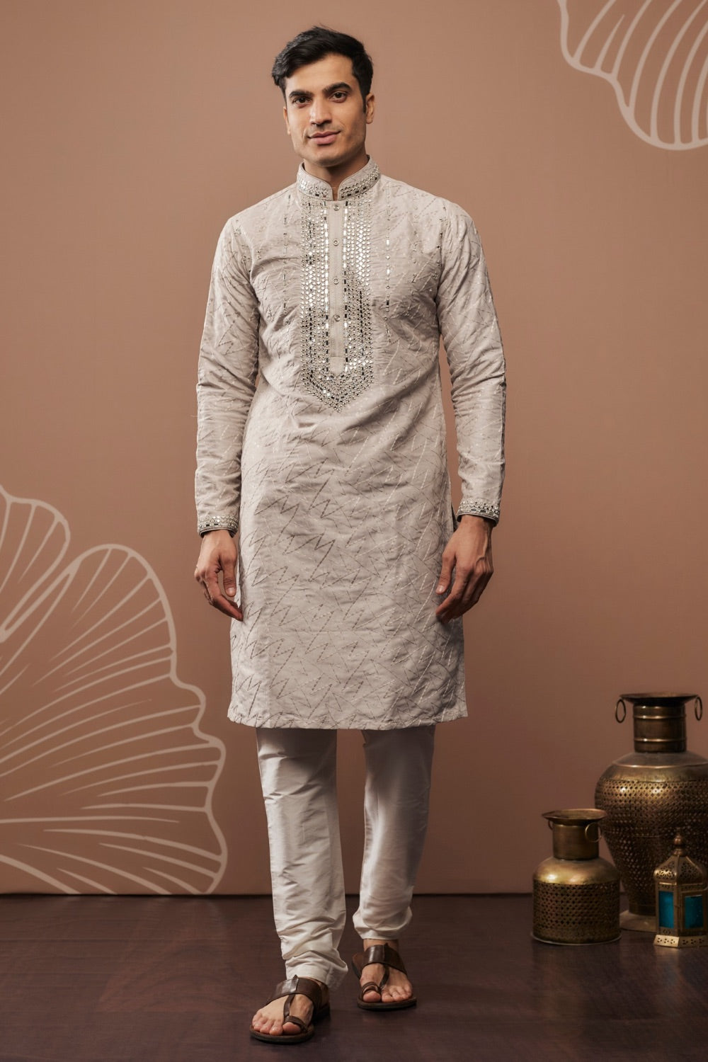 Silver silk kurta & pajama with hand and machine work