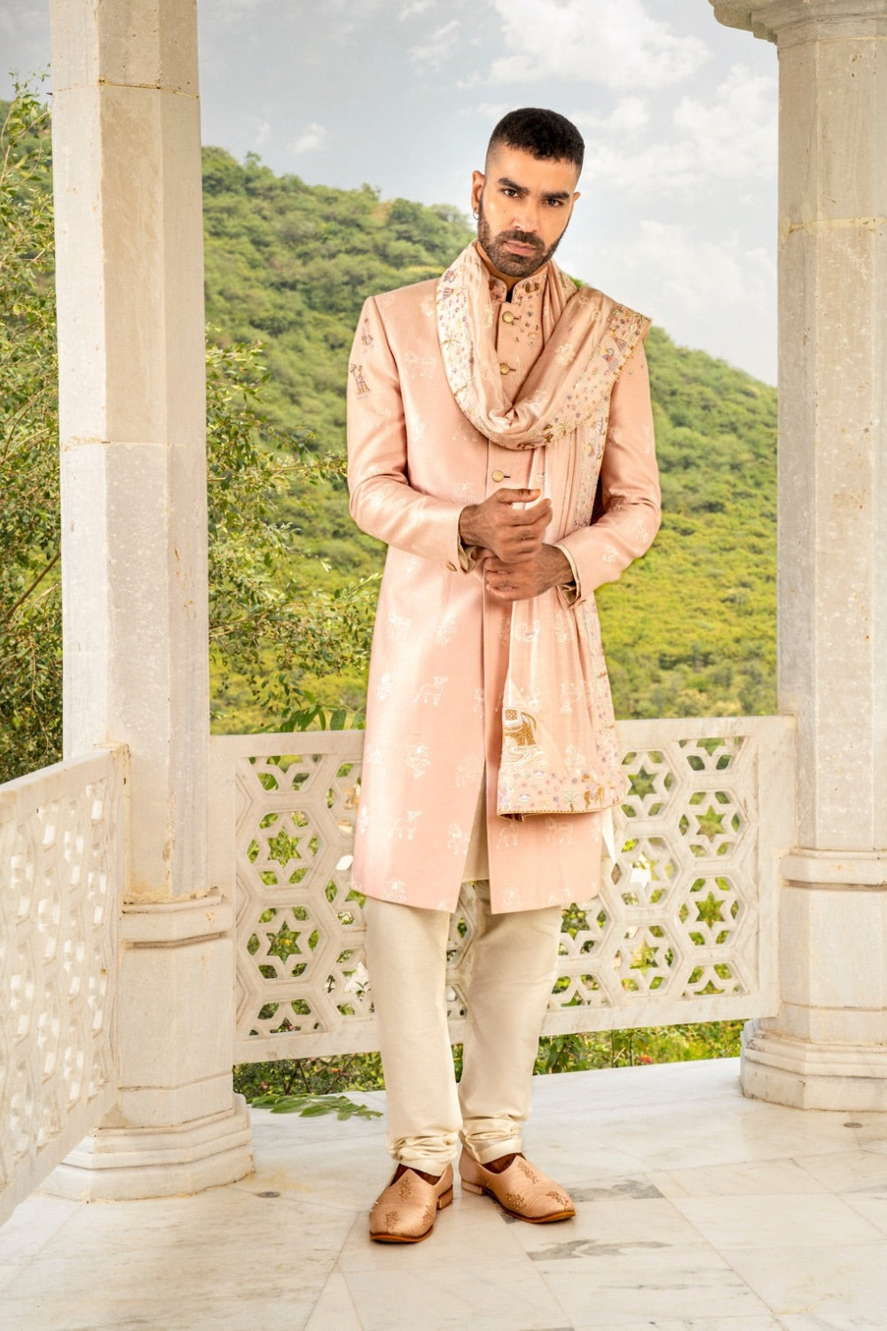 Peach matka silk sherwani with thread and hand cut dana work