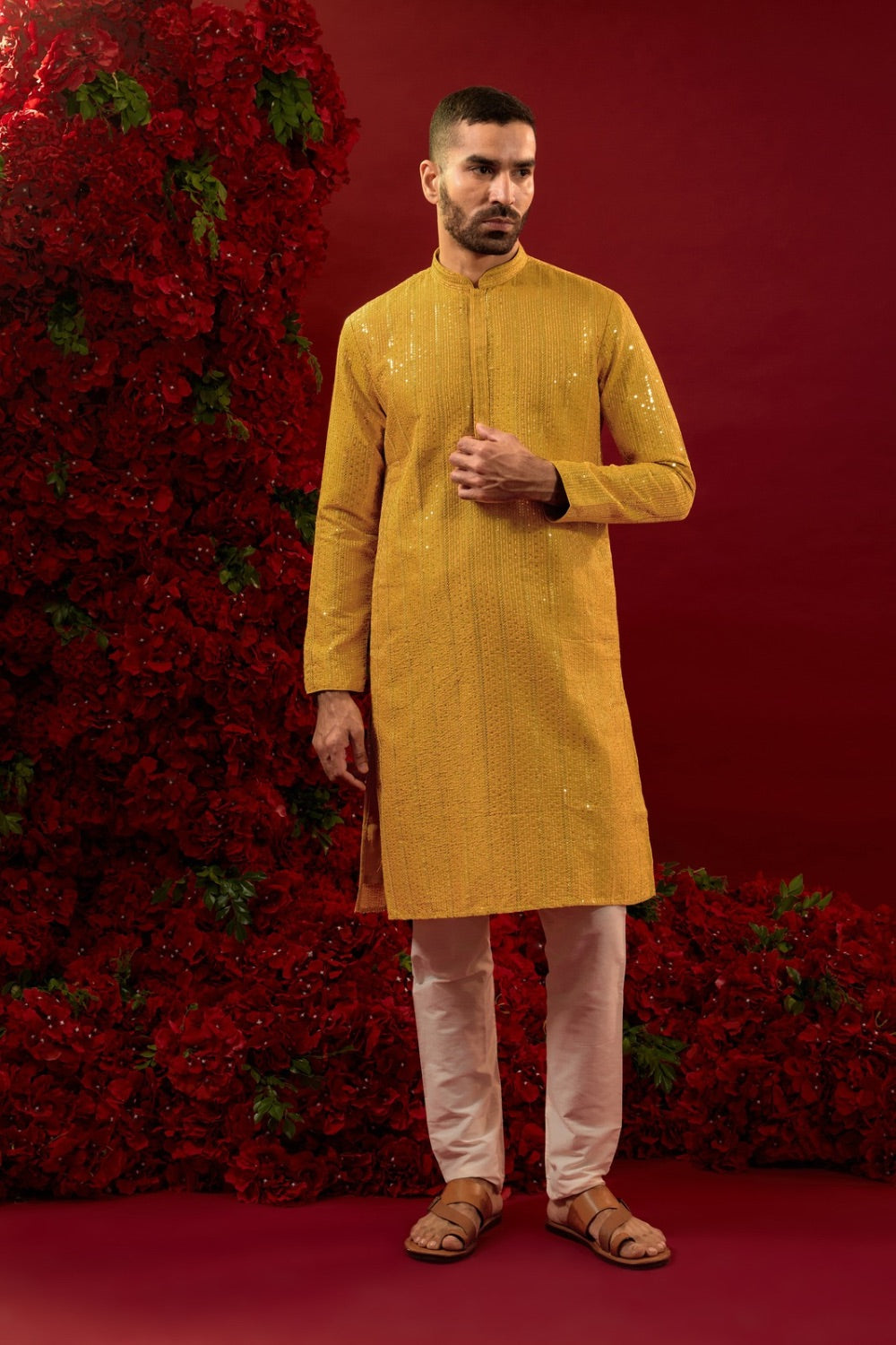 Mustard yellow silk kurta set with machine work