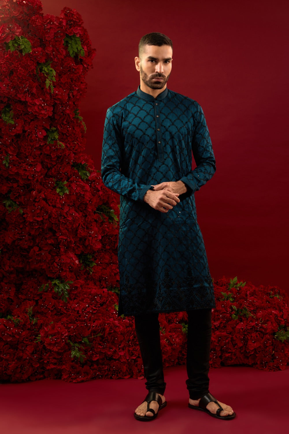 Royal blue silk kurta & pajama with machine work