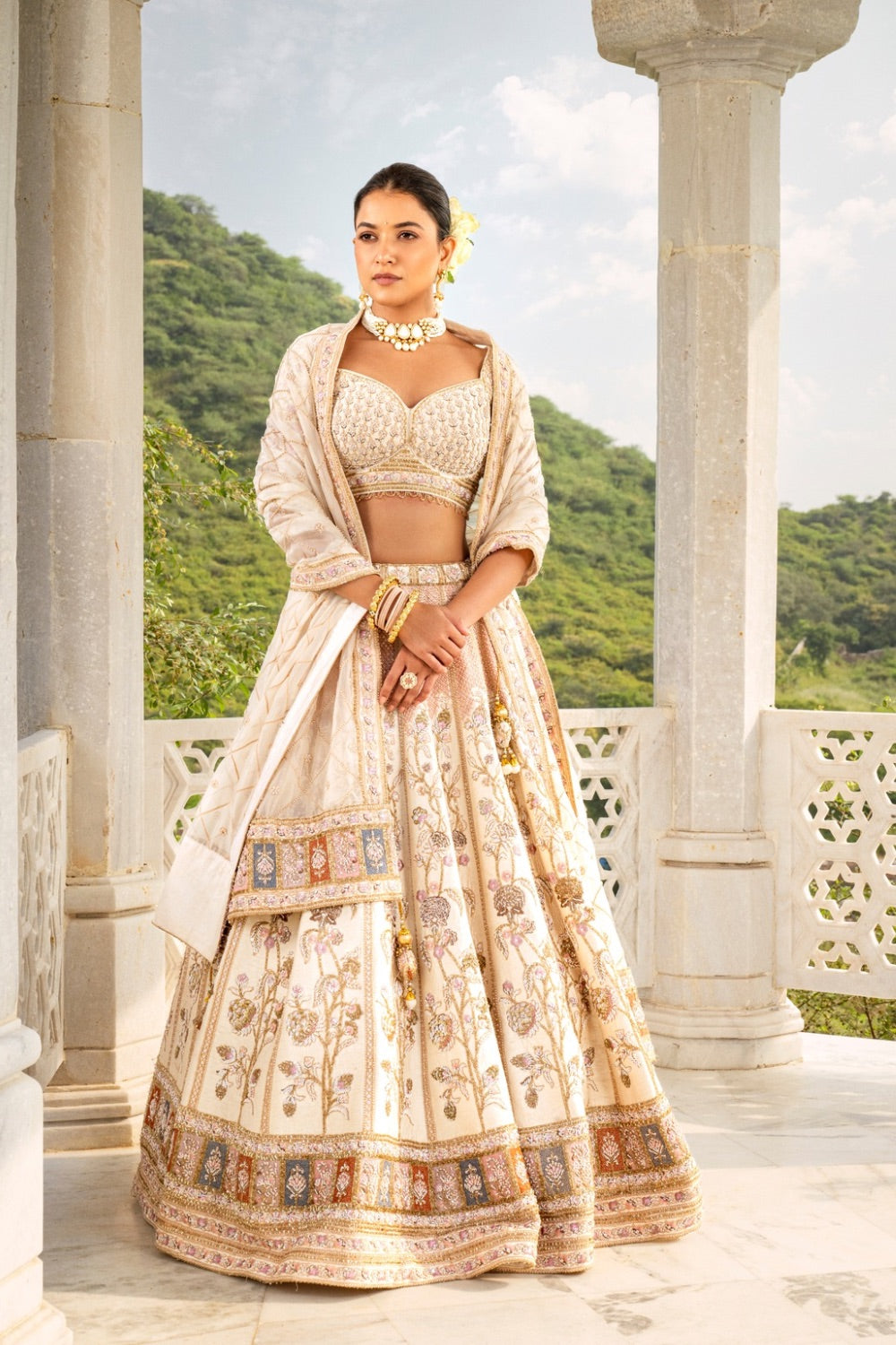 Ivory raw silk lehenga choli with purple zardozi, hand cut dana and resham work