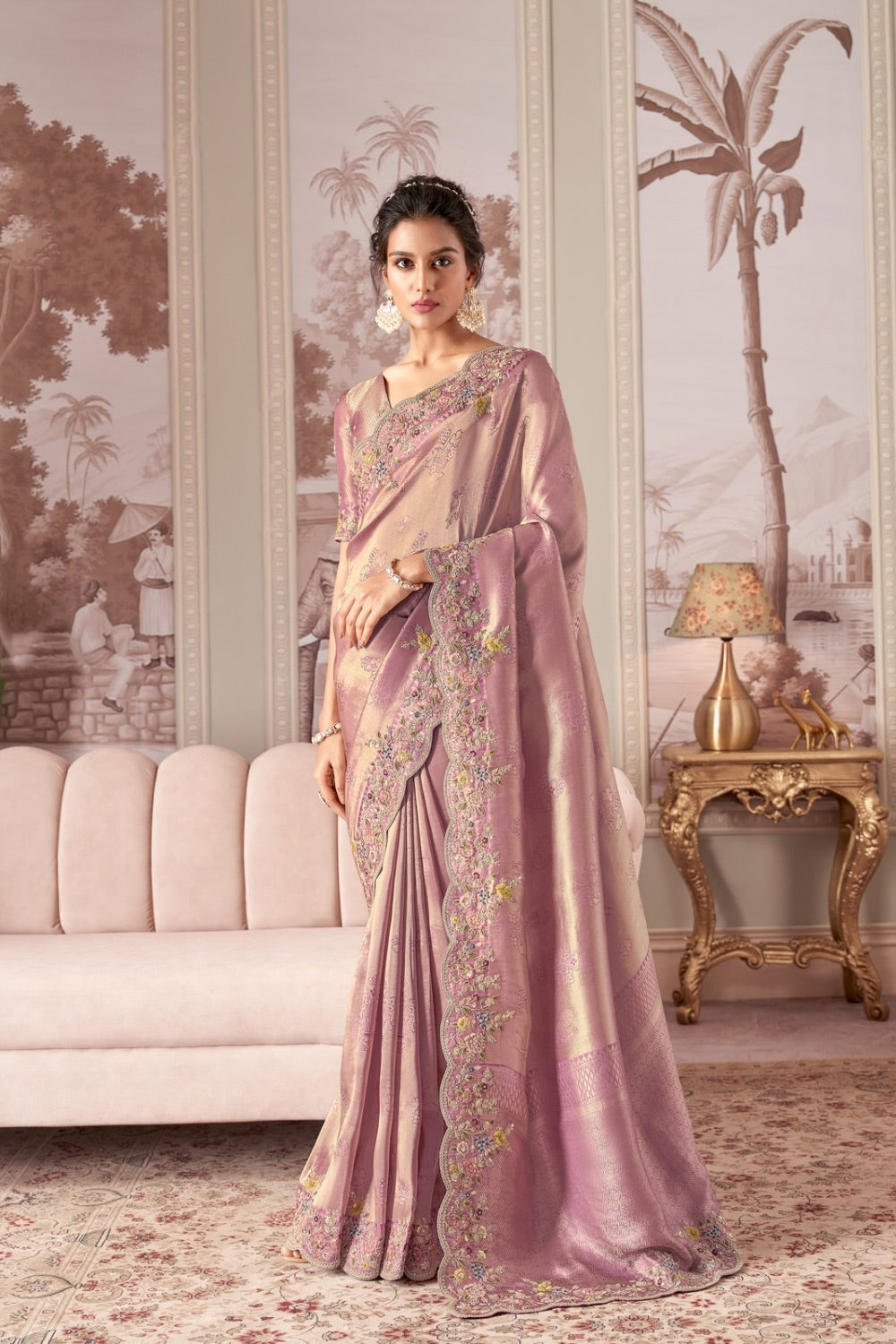 Soft mauve soft silk saree with unstitched blouse