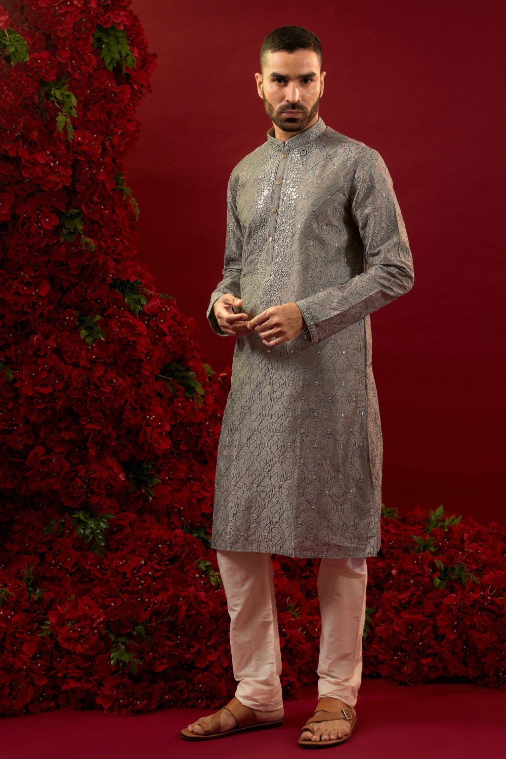 Mehandi silk kurta & pajama with hand and machine work