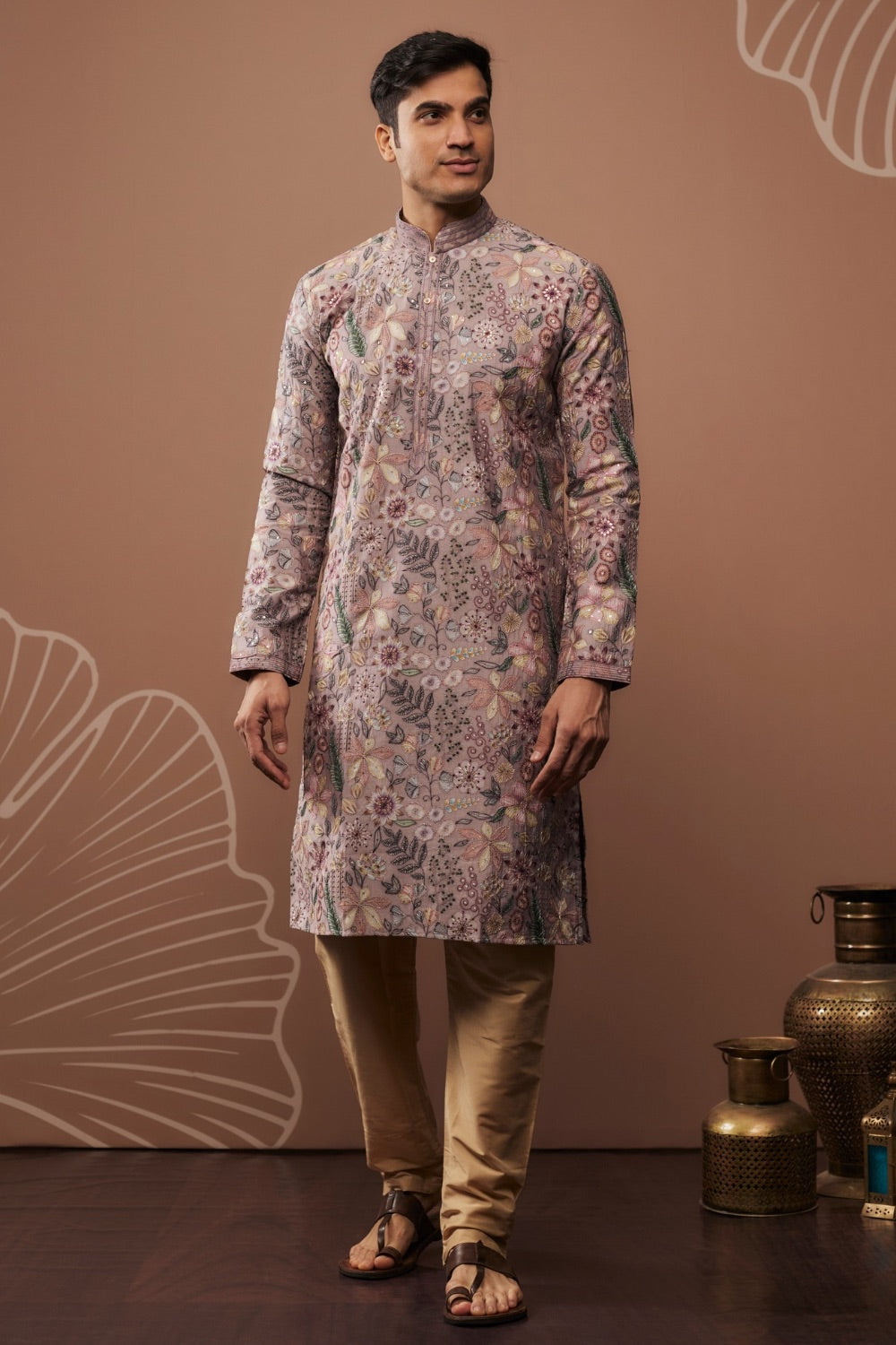 Purple silk kurta & pajama with floral hand and machine work