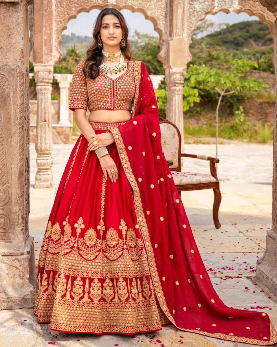 Red silk bridal lehenga choli with zari and resham work