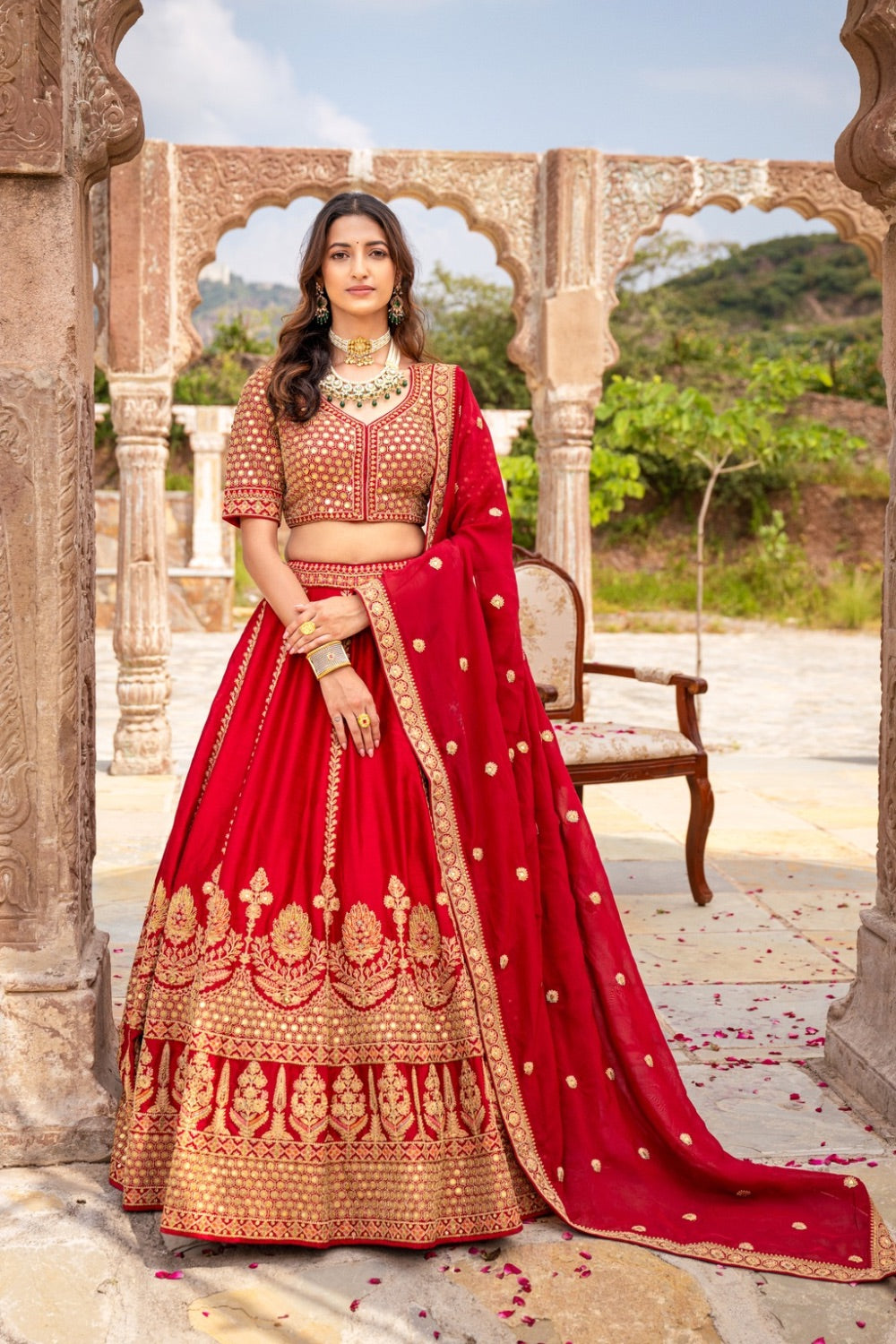 Red silk bridal lehenga choli with zari and resham work