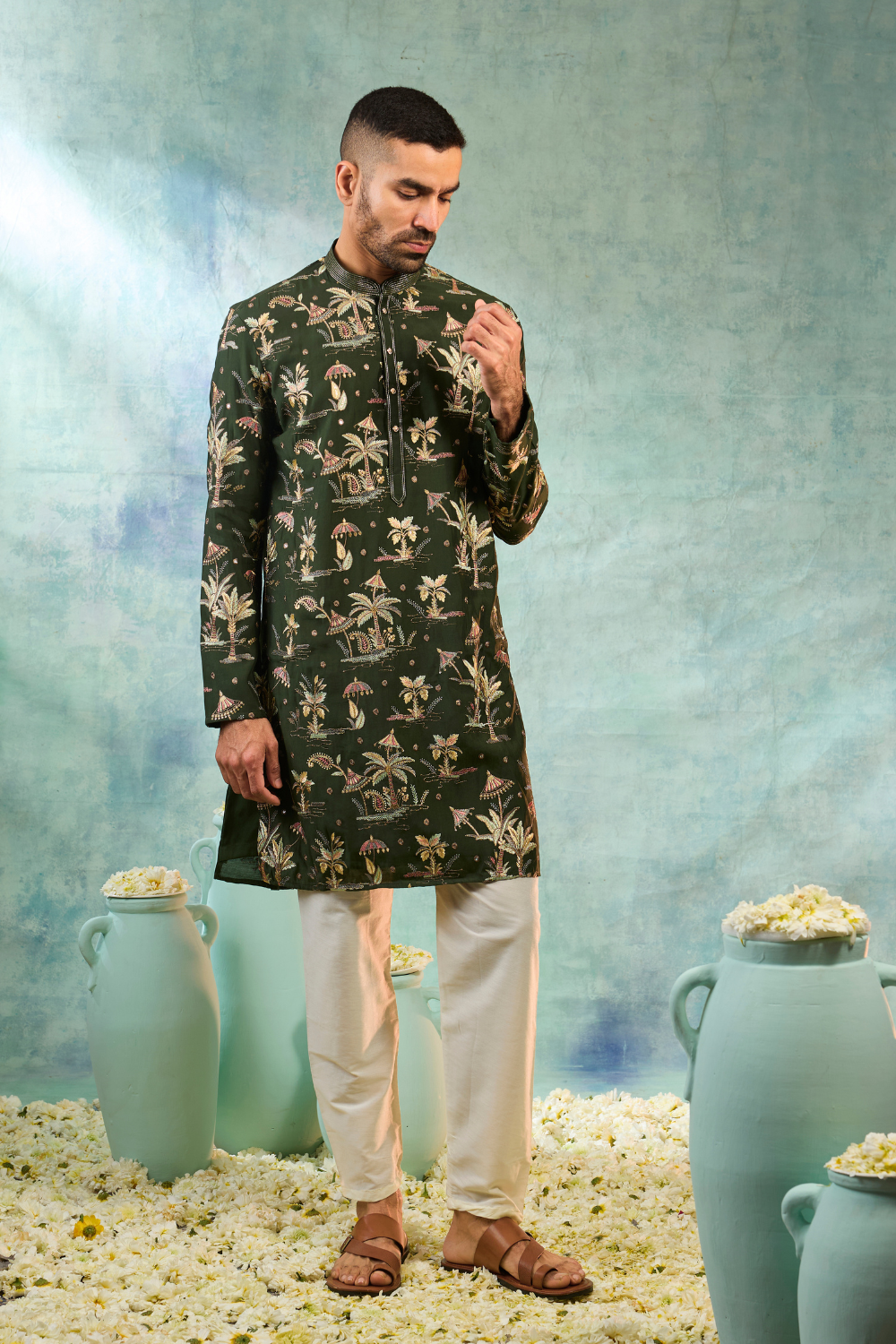 Forest green kurta set with multi coloured embroidery work