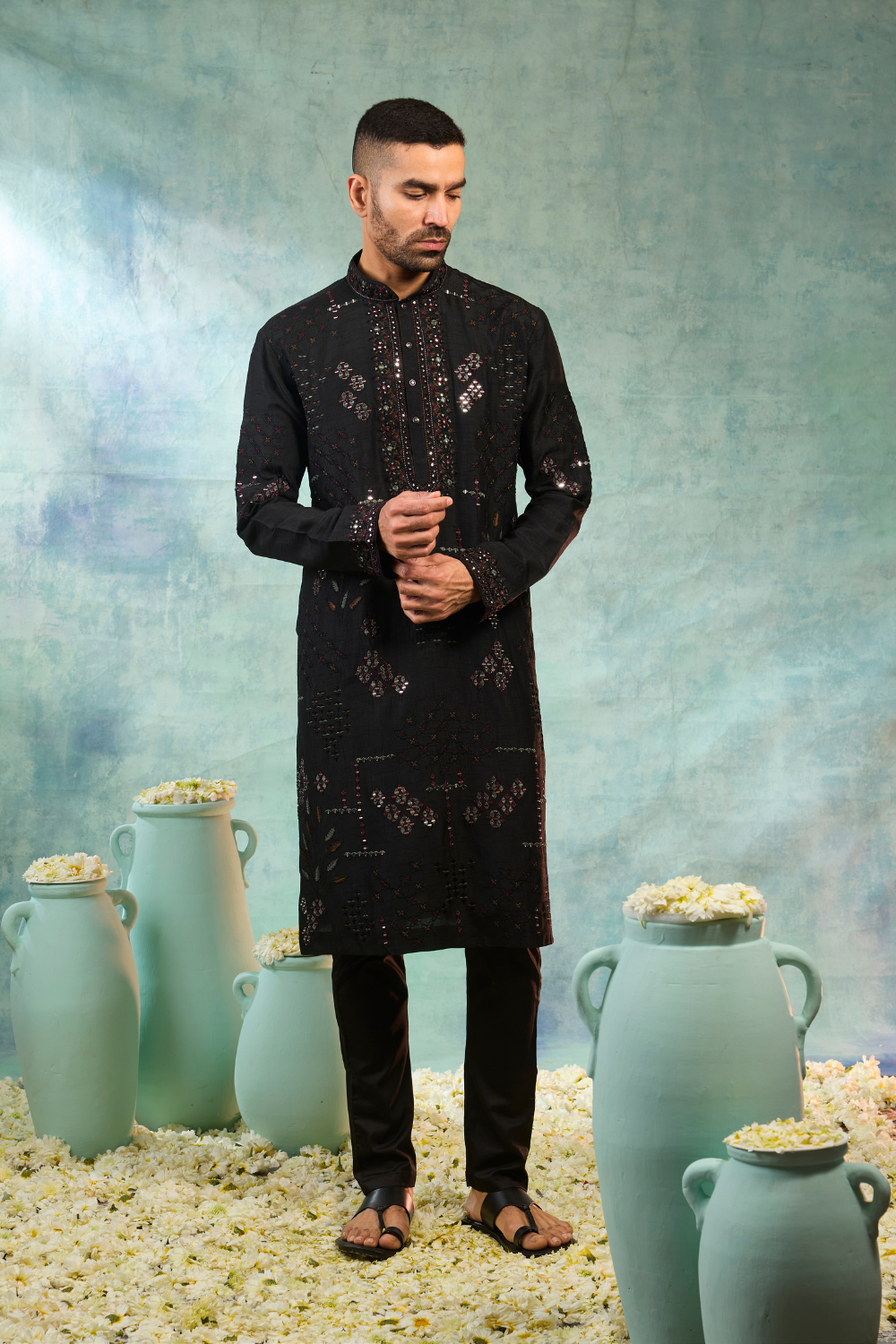 Black kurta set with maroon and silver thread work and mirror work