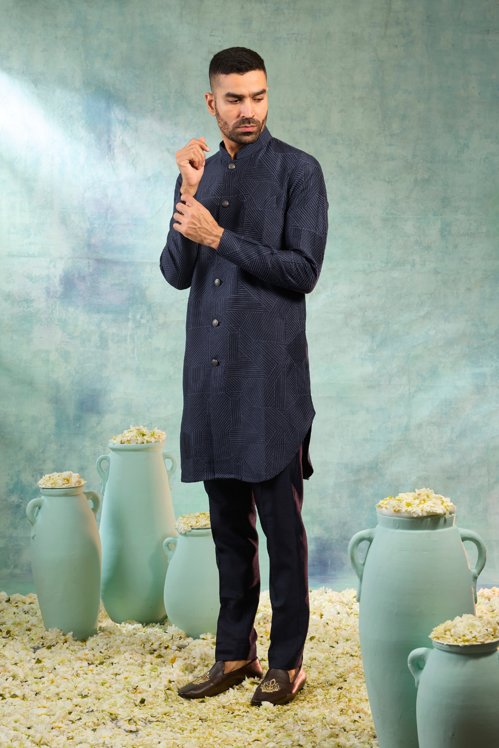 Dark blue kurta set with contrast thread work