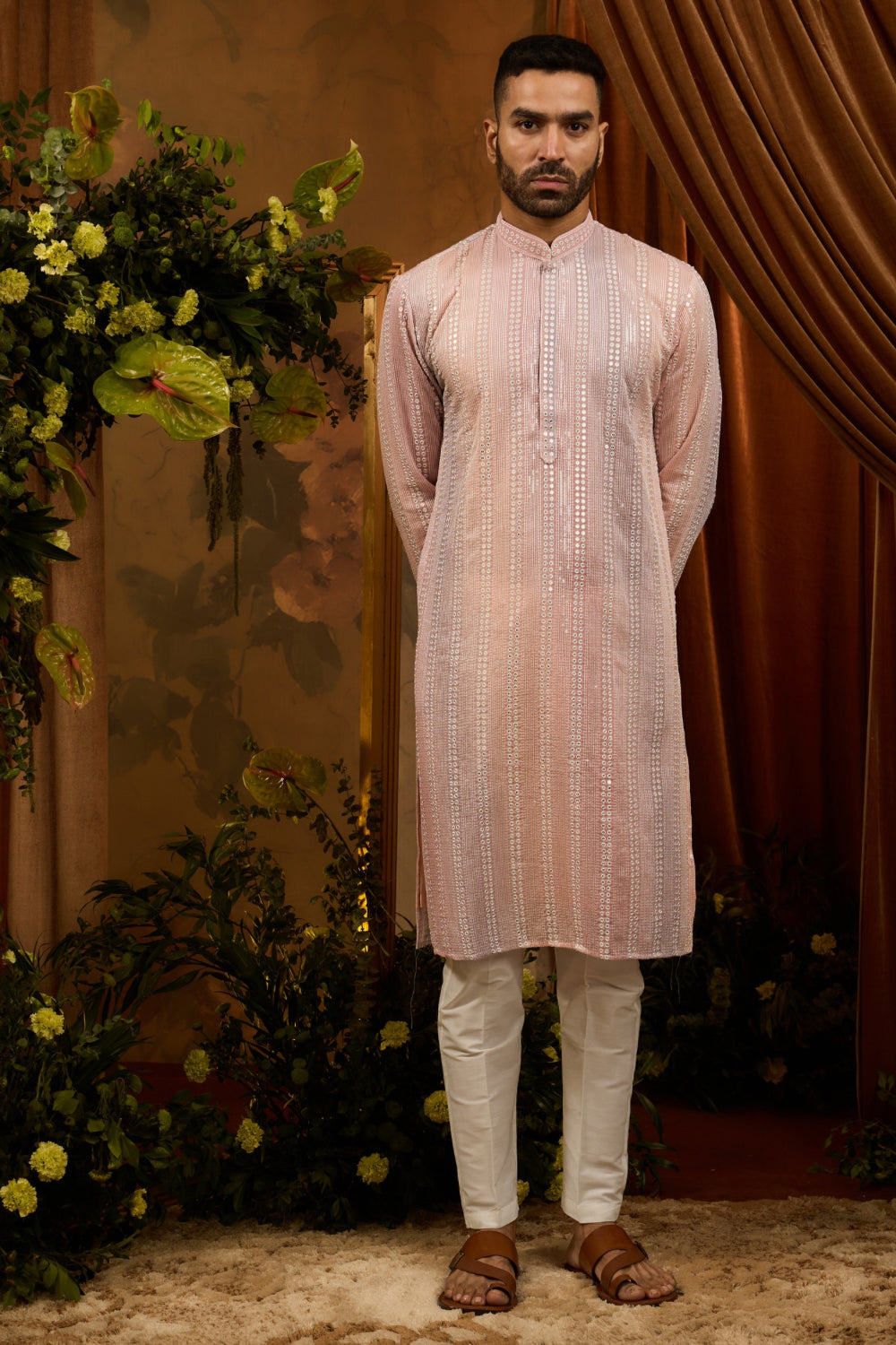 Peach silk kurta pajama set with white embroidery, sequin and thread work