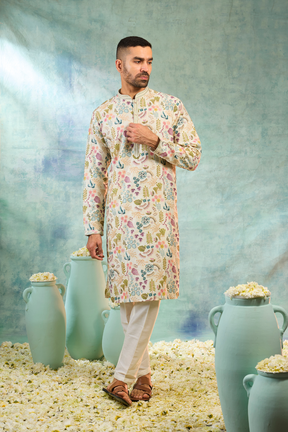 White silk kurta with multicolour embroidery work