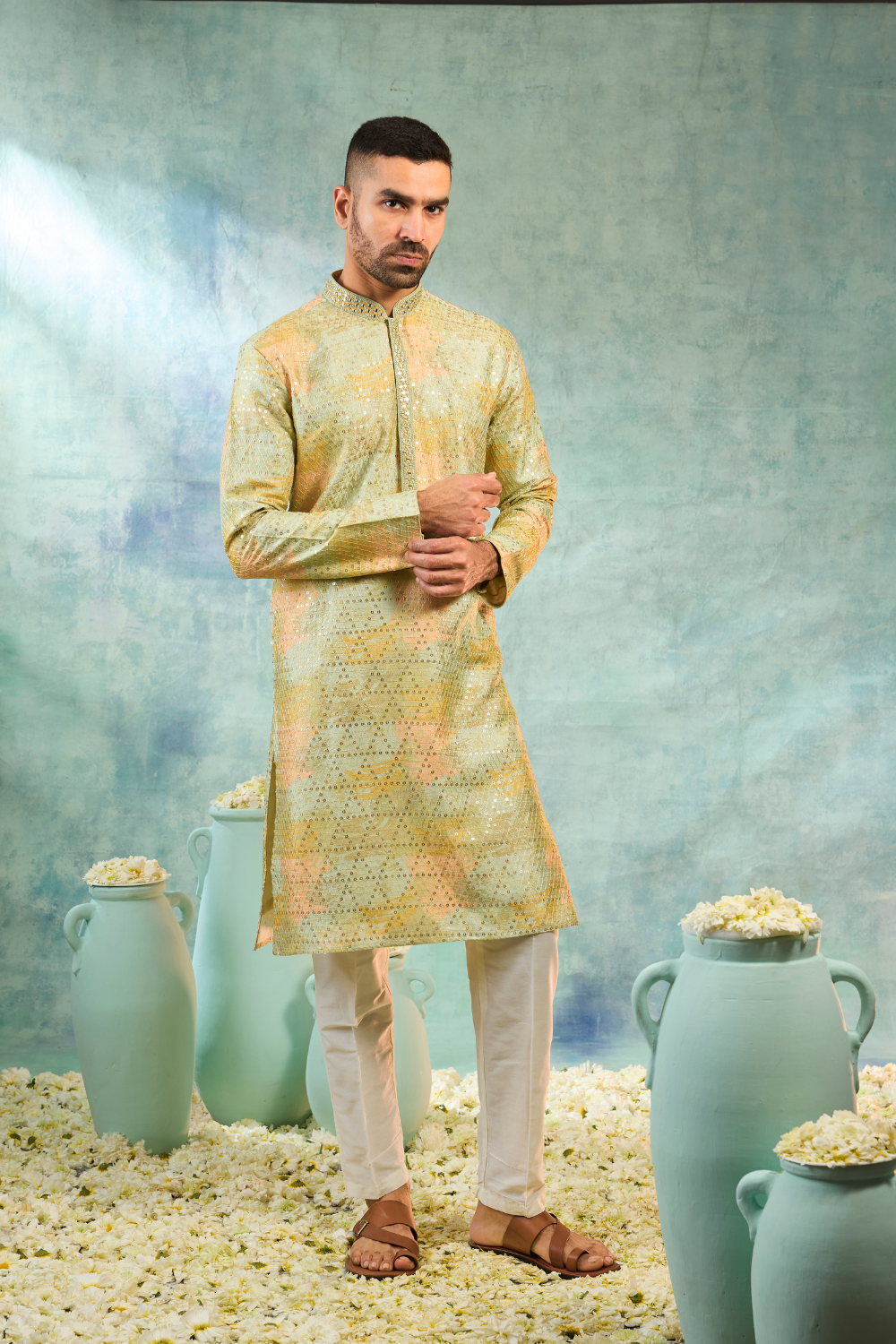 Pista green silk kurta set with thread and sequin work