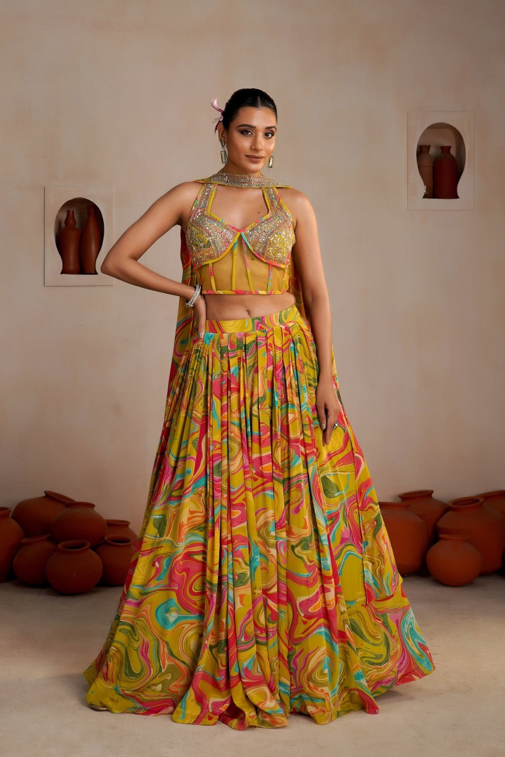 Yellow Crepe Silk lehenga choli