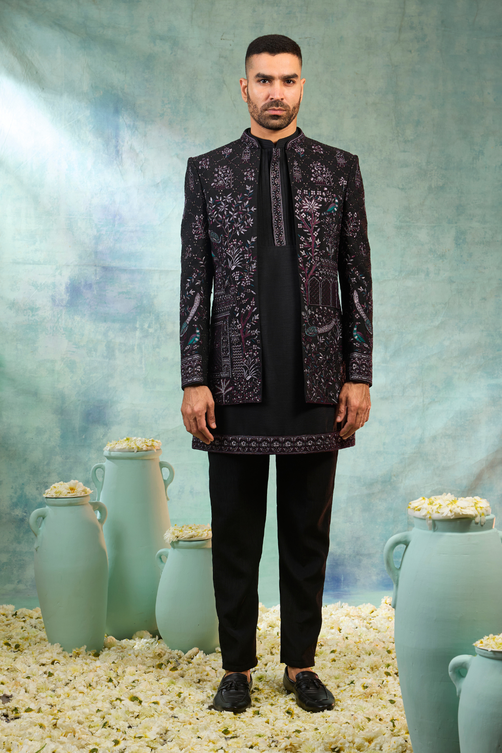 Black silk Indo-Western with multicolour thread embroidery