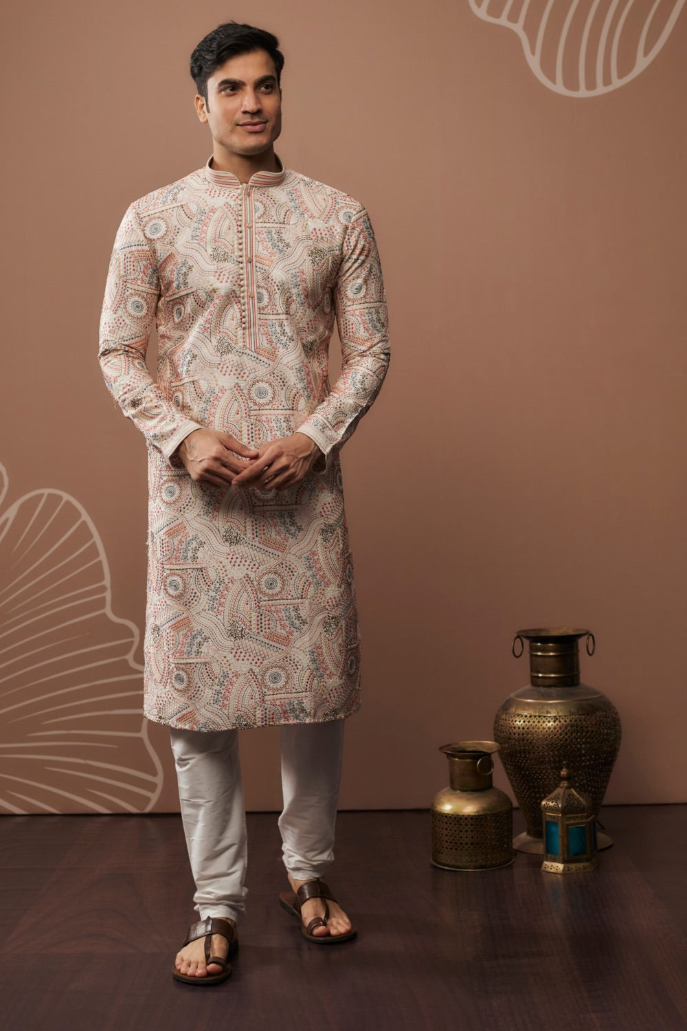 White silk kurta and pajama with colourful hand and machine work