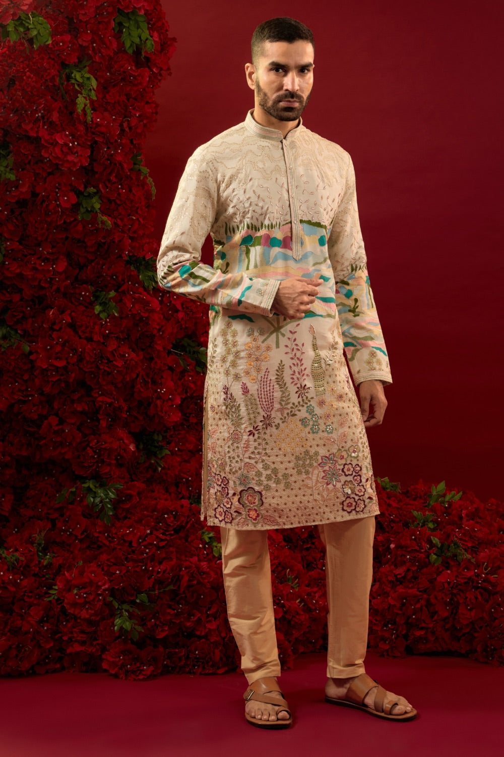 Beige silk kurta & pajama with machine work