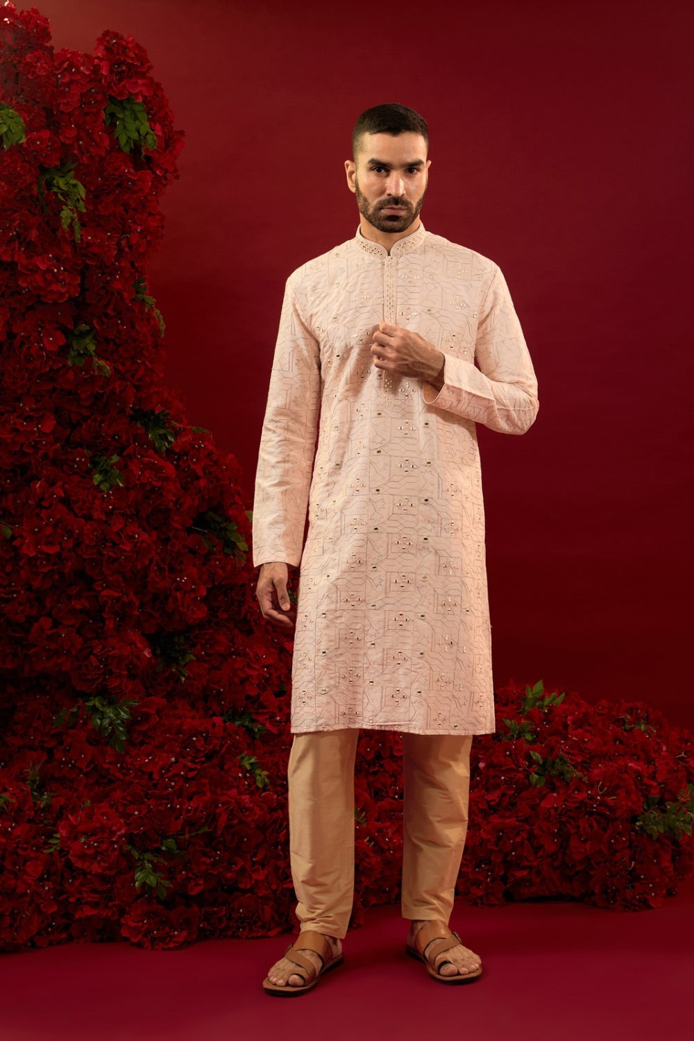 Baby pink silk kurta pajama with hand and machine work