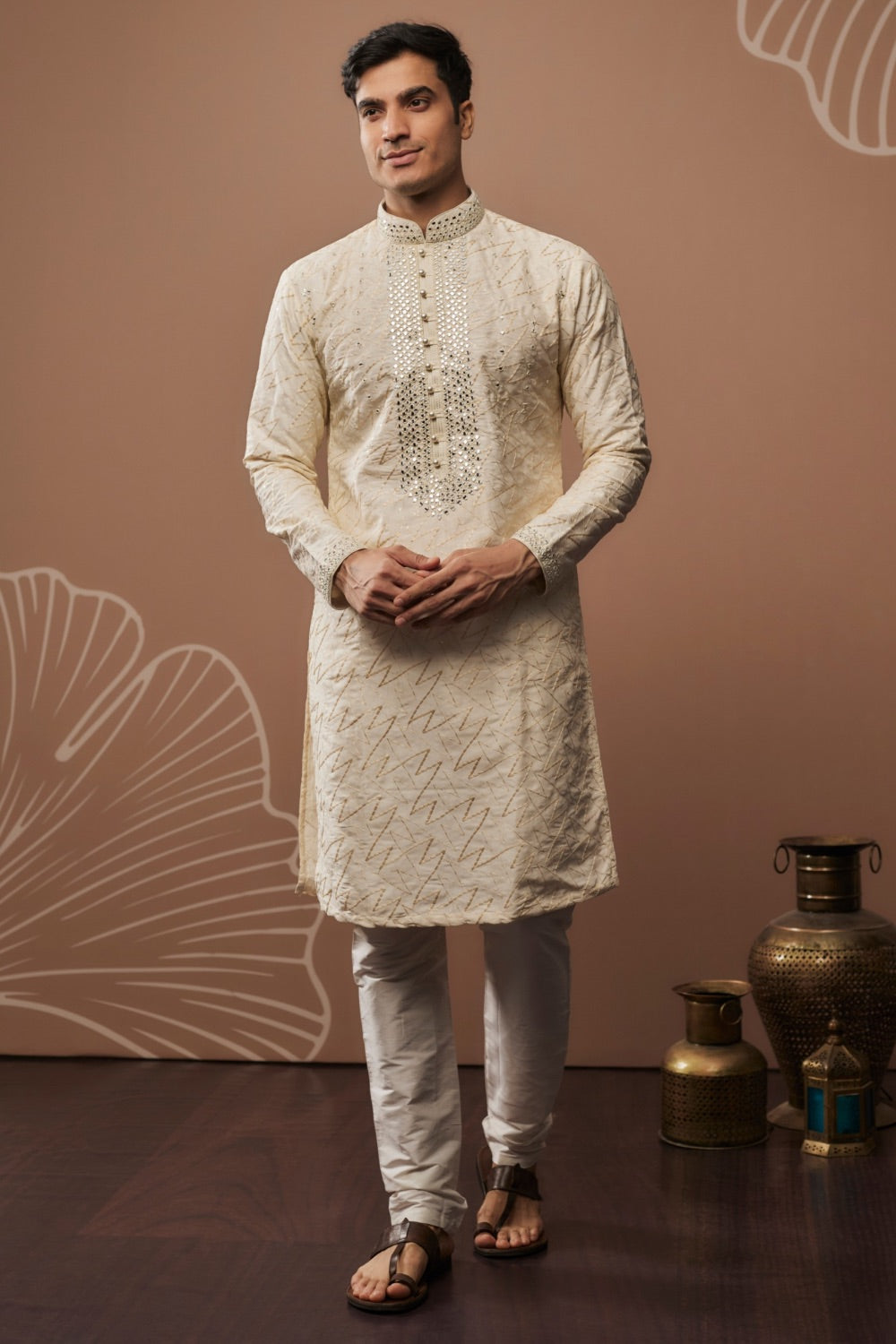 Ivory silk kurta & pajama with hand & machine work