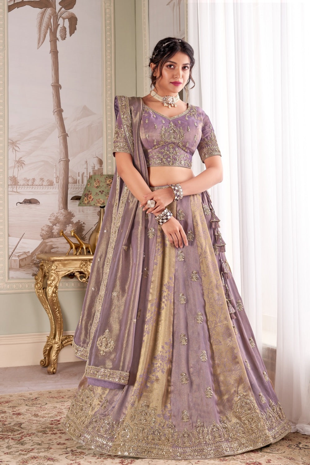 Lavender tissue silk lehenga choli with zardozi work