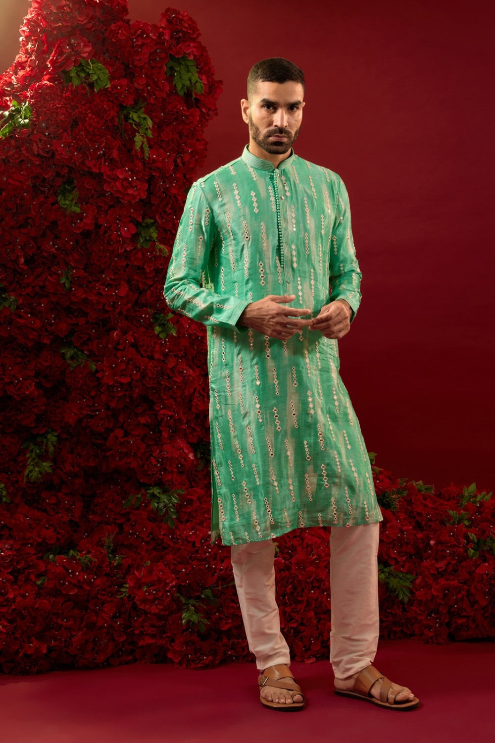 Green silk kurta pajama with hand & machine work