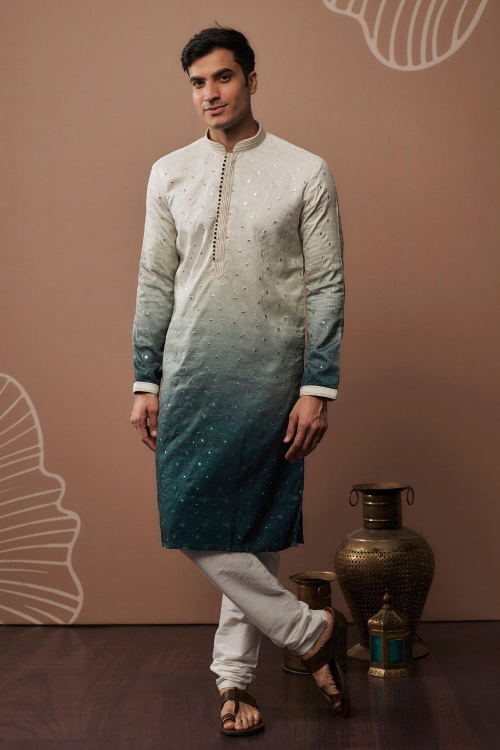 Blue shaded silk kurta and pajama with hand and machine work