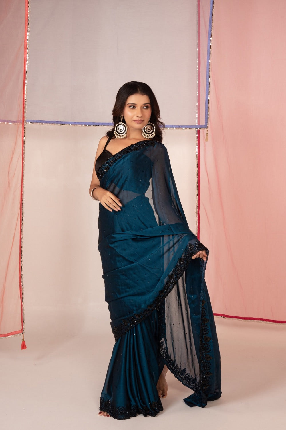 Peacock blue satin silk saree and unstitched blouse piece