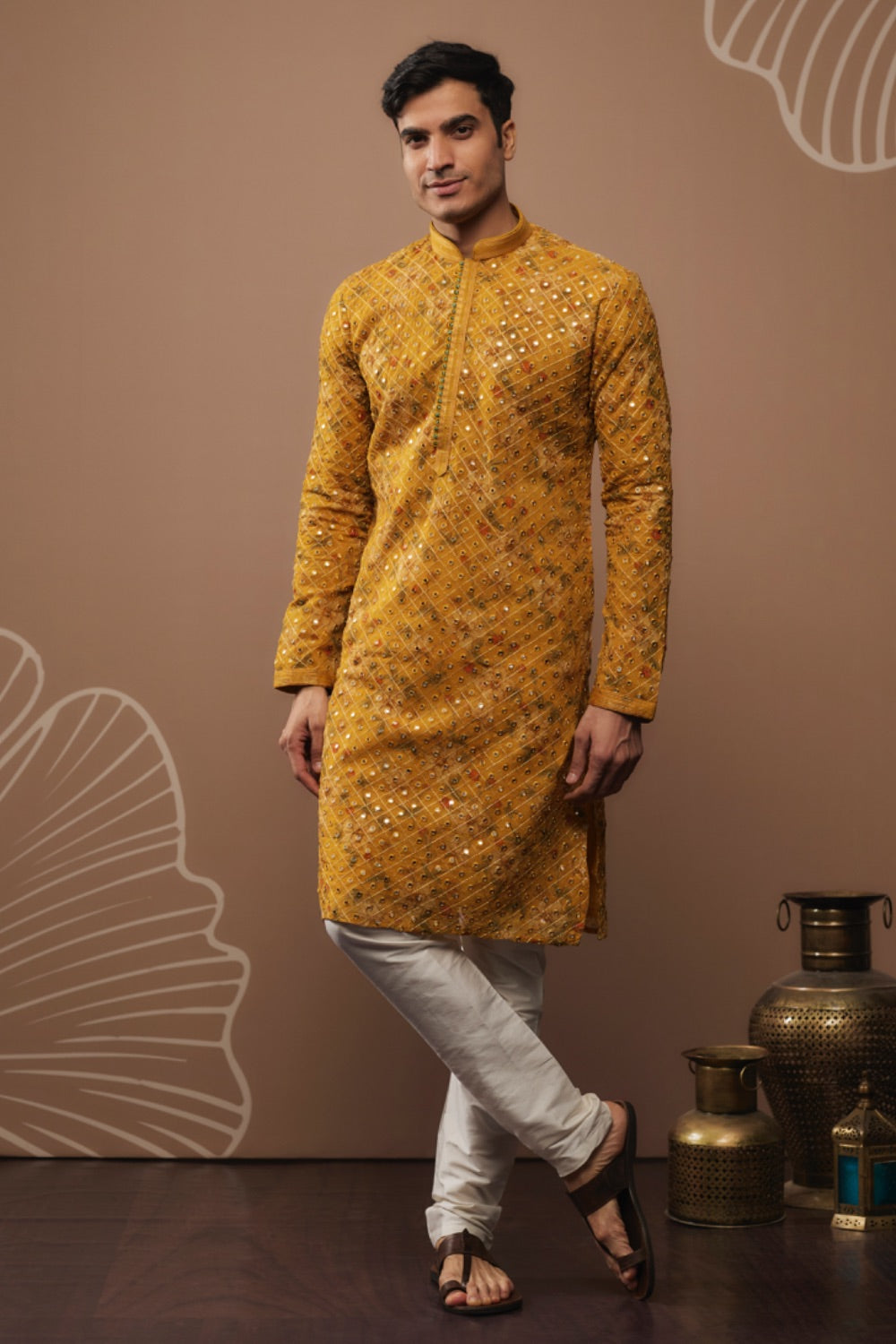 Mustard yellow silk kurta pajama with hand and machine work