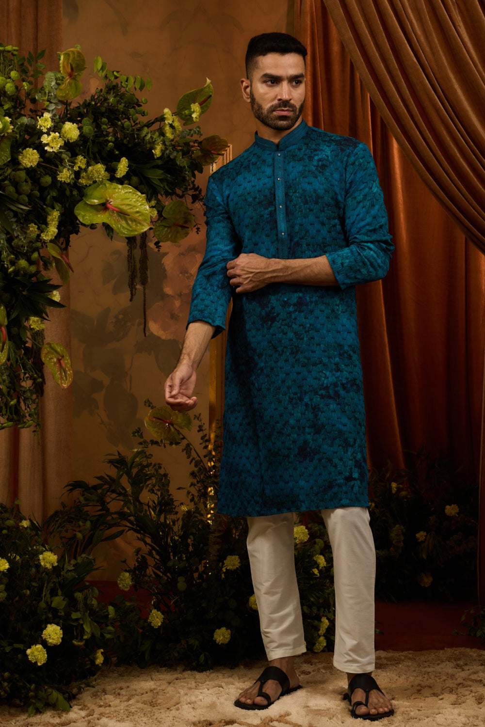 Peacock blue silk kurta set with thread work