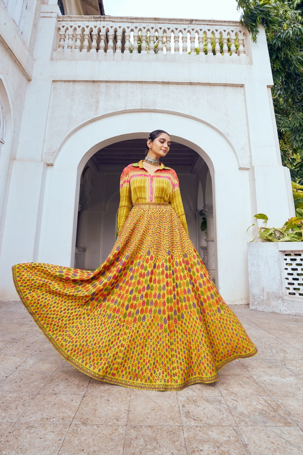 Yellow silk lehenga choli with thread work