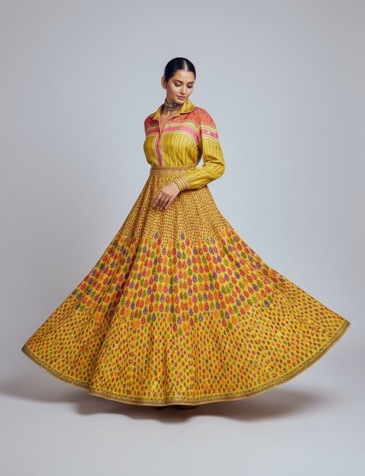 Yellow silk lehenga choli with thread work
