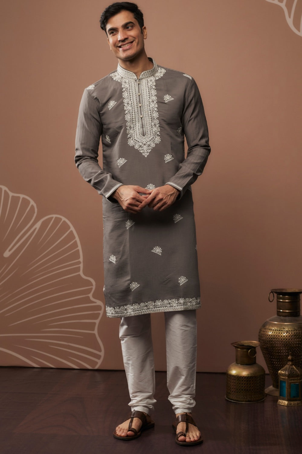 Taupe embroidered silk kurta set