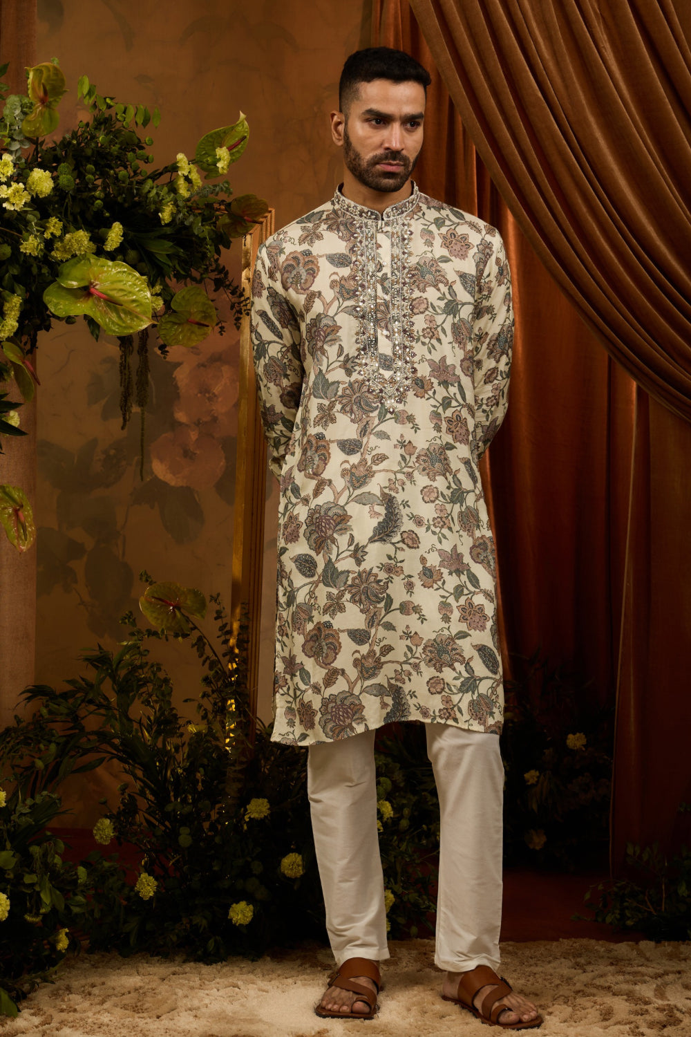 Beige silk kurta set with multicolour thread embroidery and mirror work