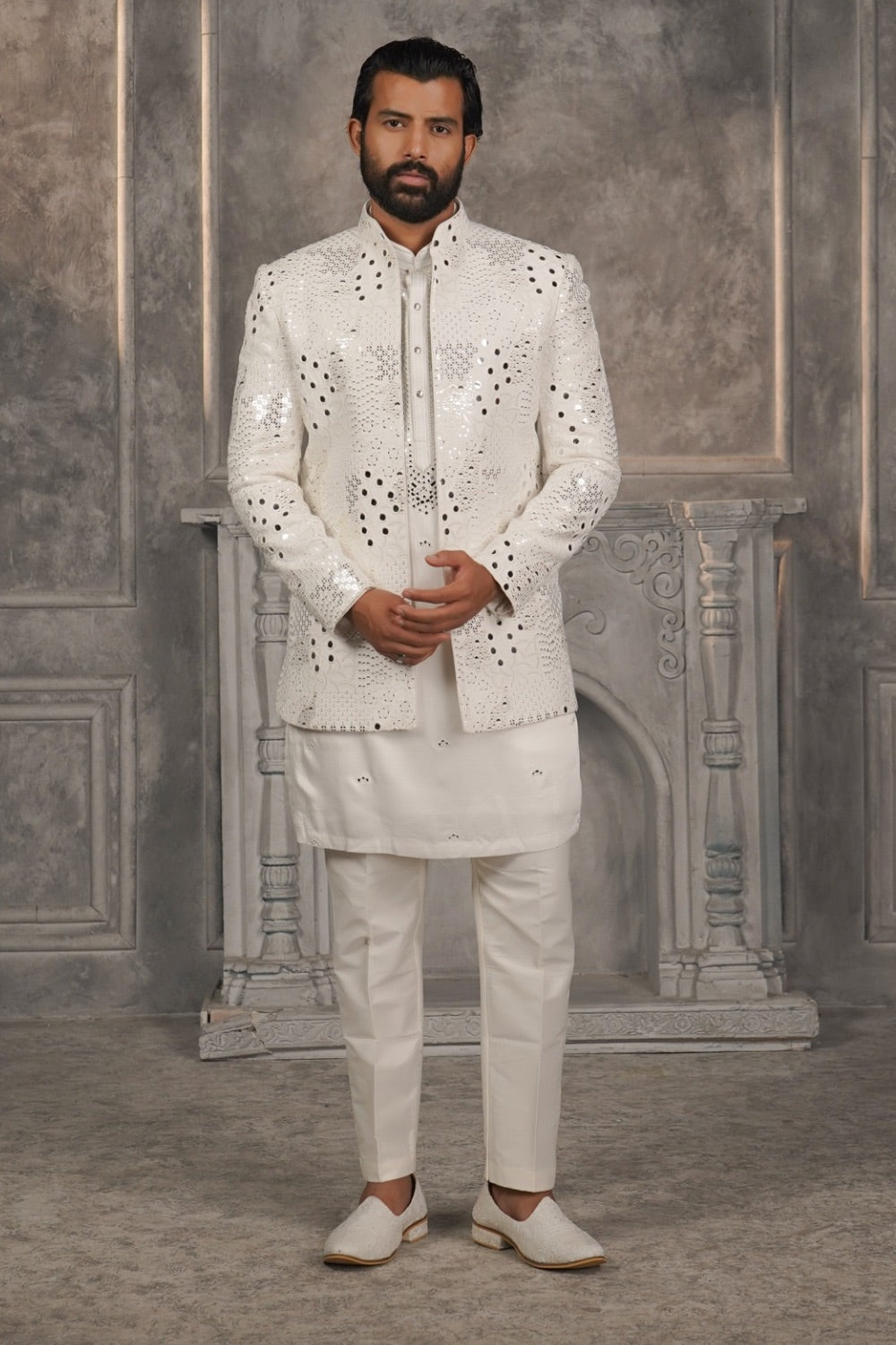 Pristine white splendid silk Open jacket kurta set