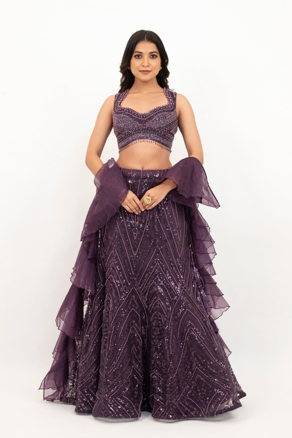 Plum net lehenga choli with sequins and hand cut dana work