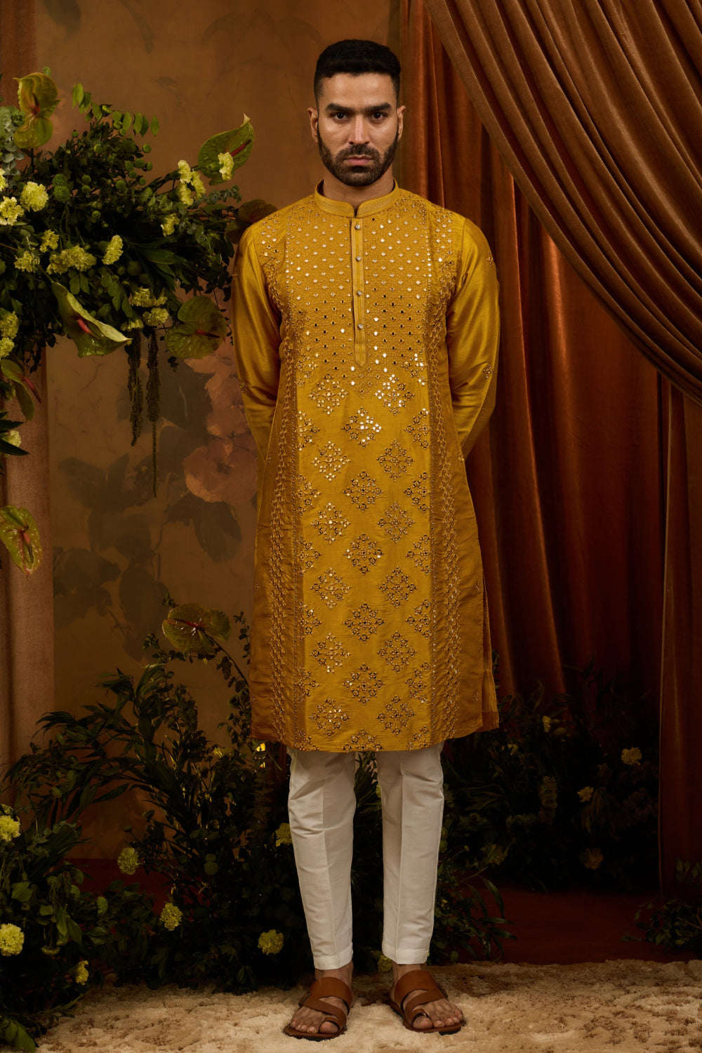 Mustard yellow silk kurta set with thread and mirror work