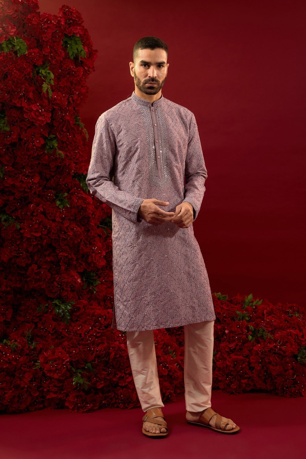 Lilac silk kurta and  pajama with  machine work