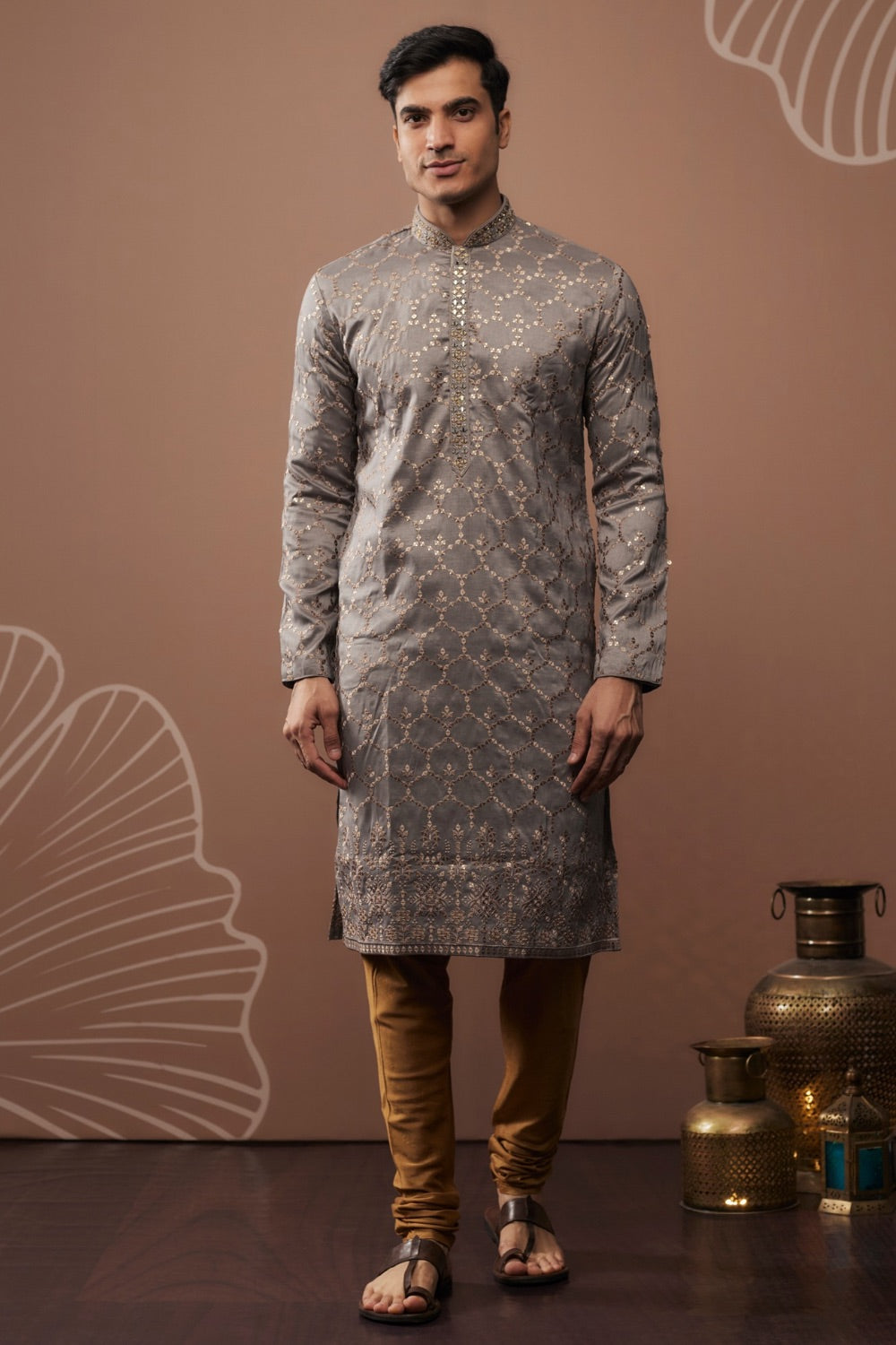 Grey silk kurta set with hand and machine work