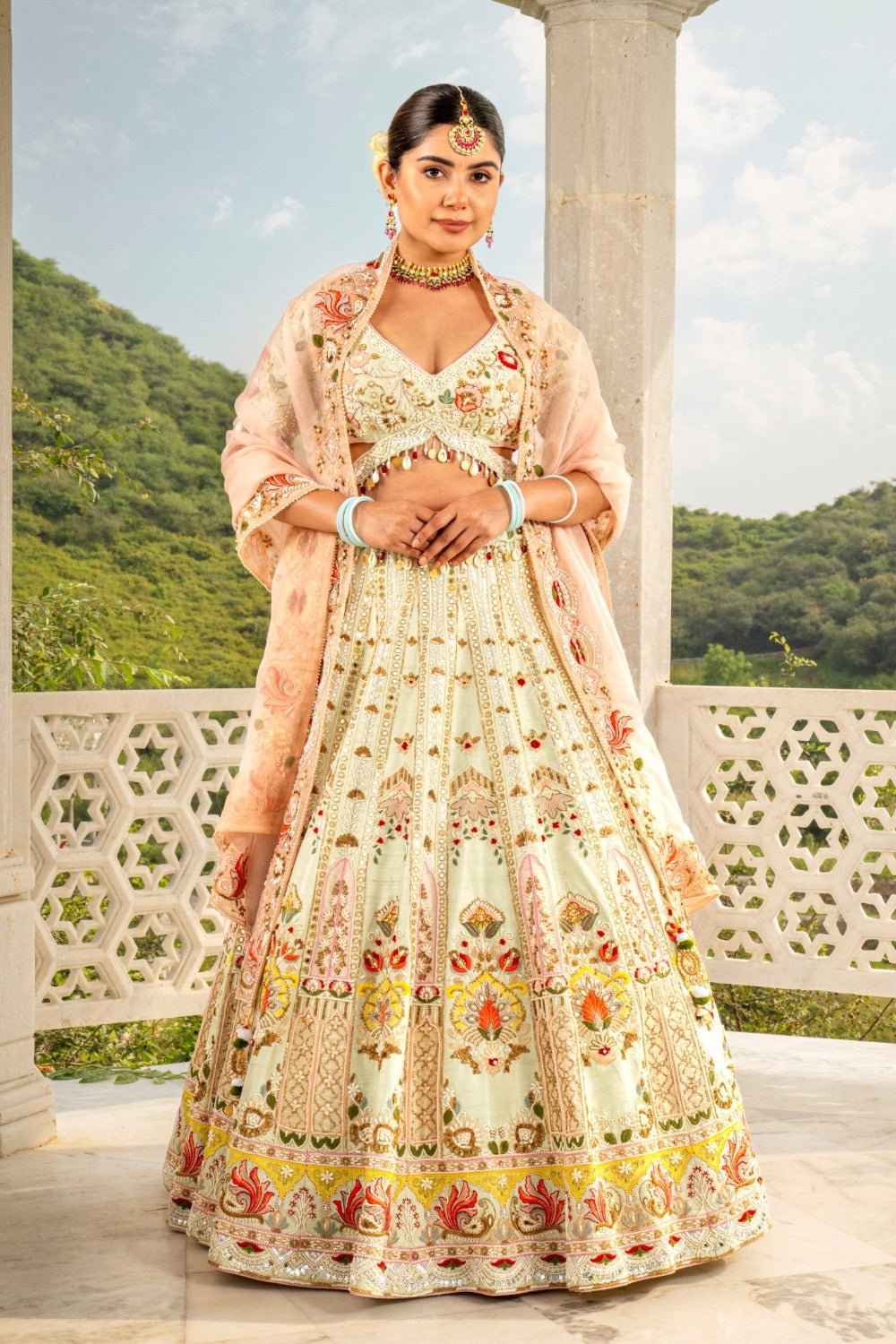 Beige raw silk zardozi embroidered lehenga choli with sequin, hand cut dana, thread and pearl work