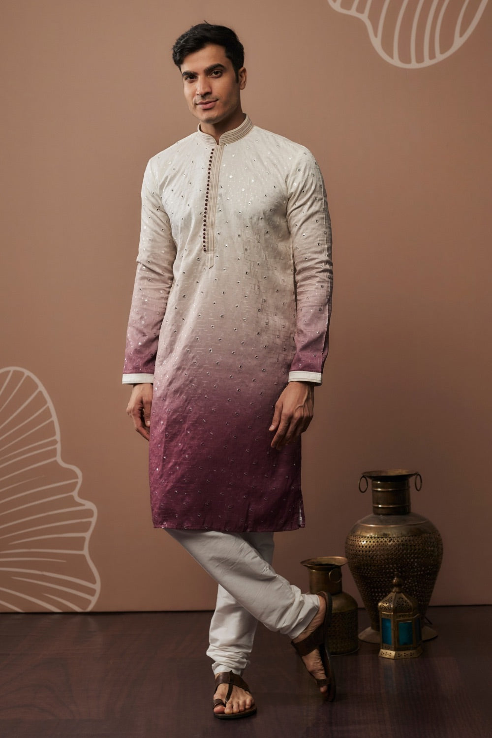 White-purple ombre silk kurta set with mirror work