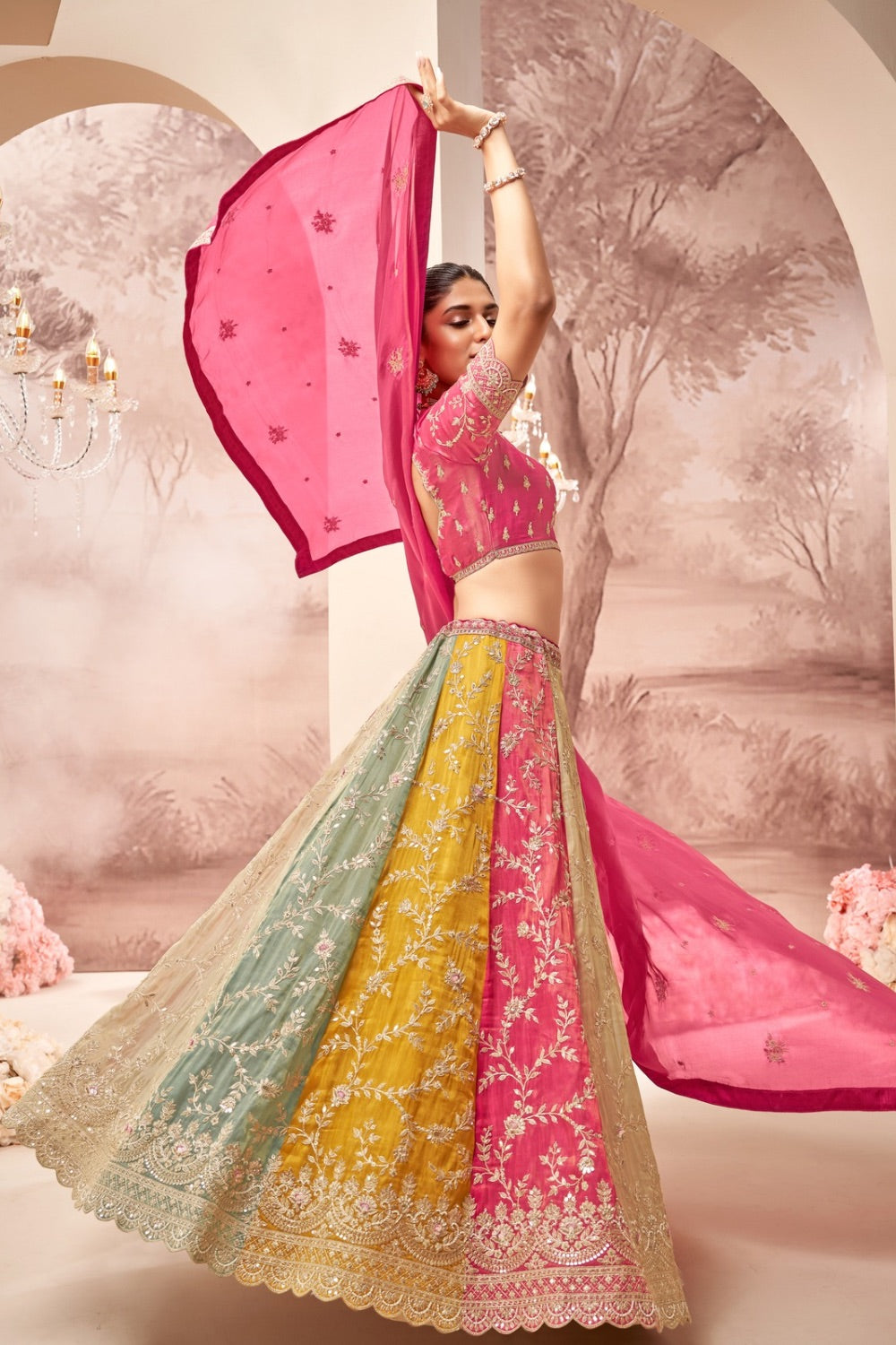 Multicolour tissue silk lehenga choli with machine work