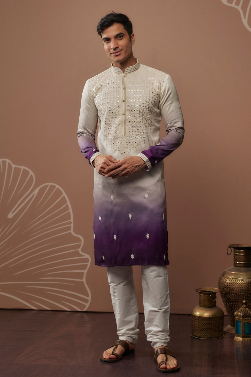 Purple shaded silk kurta pajama with hand and machine work