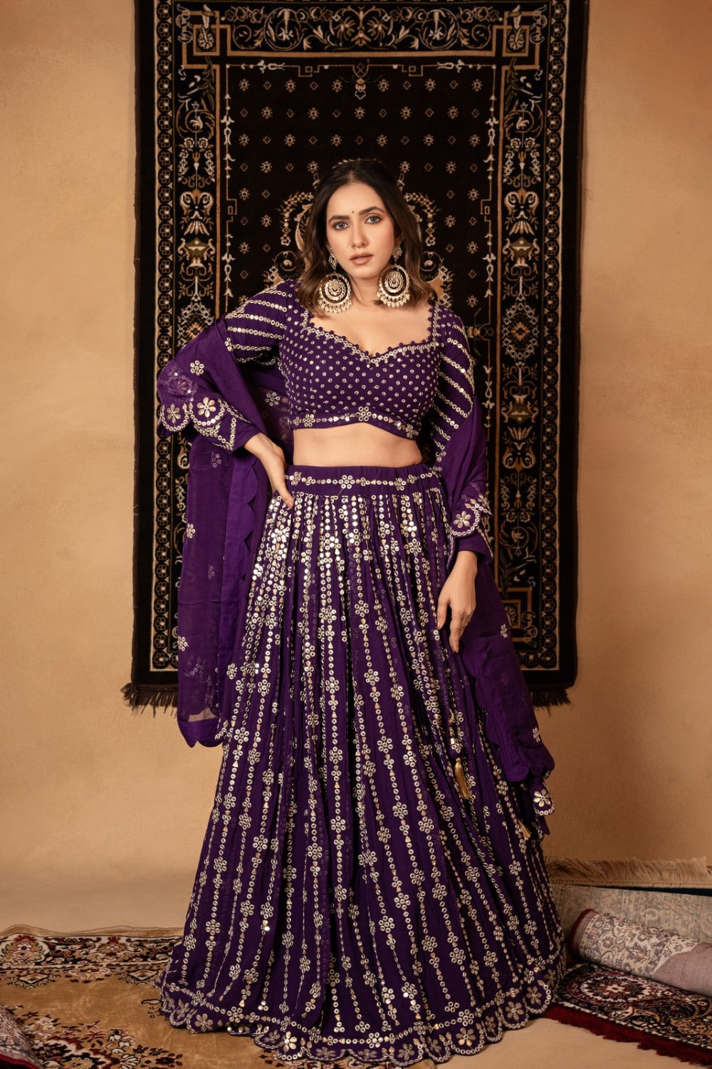 Purple georgette lehenga choli with foil mirror work